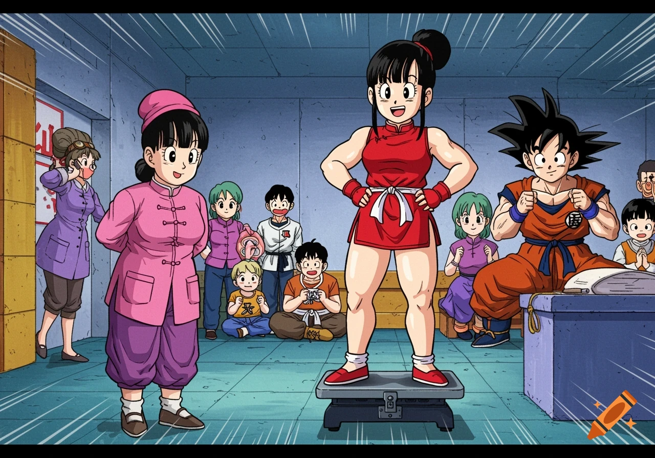 Chi Chi stands on a scale while Goku and others watch in Dragon Ball Z anime style.