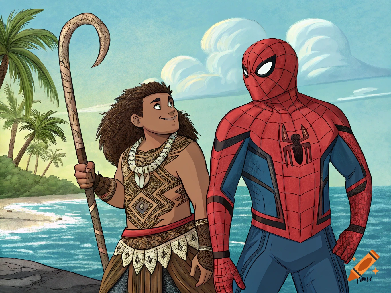 Illustration of Maui from Moana and Spider-Man standing together on a tropical beach.