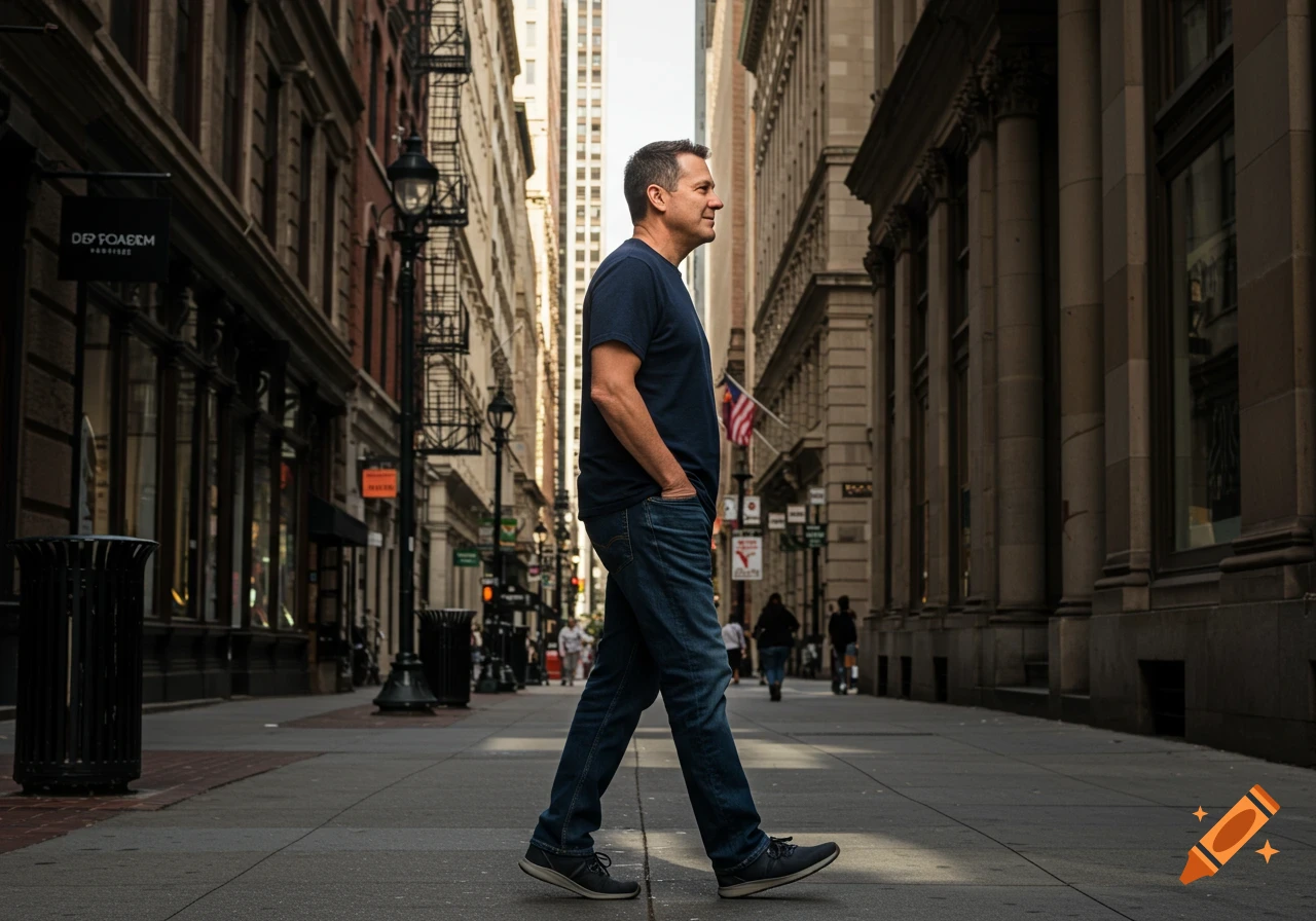 A man in a dark t-shirt and jeans walks in profile down a city sidewalk.