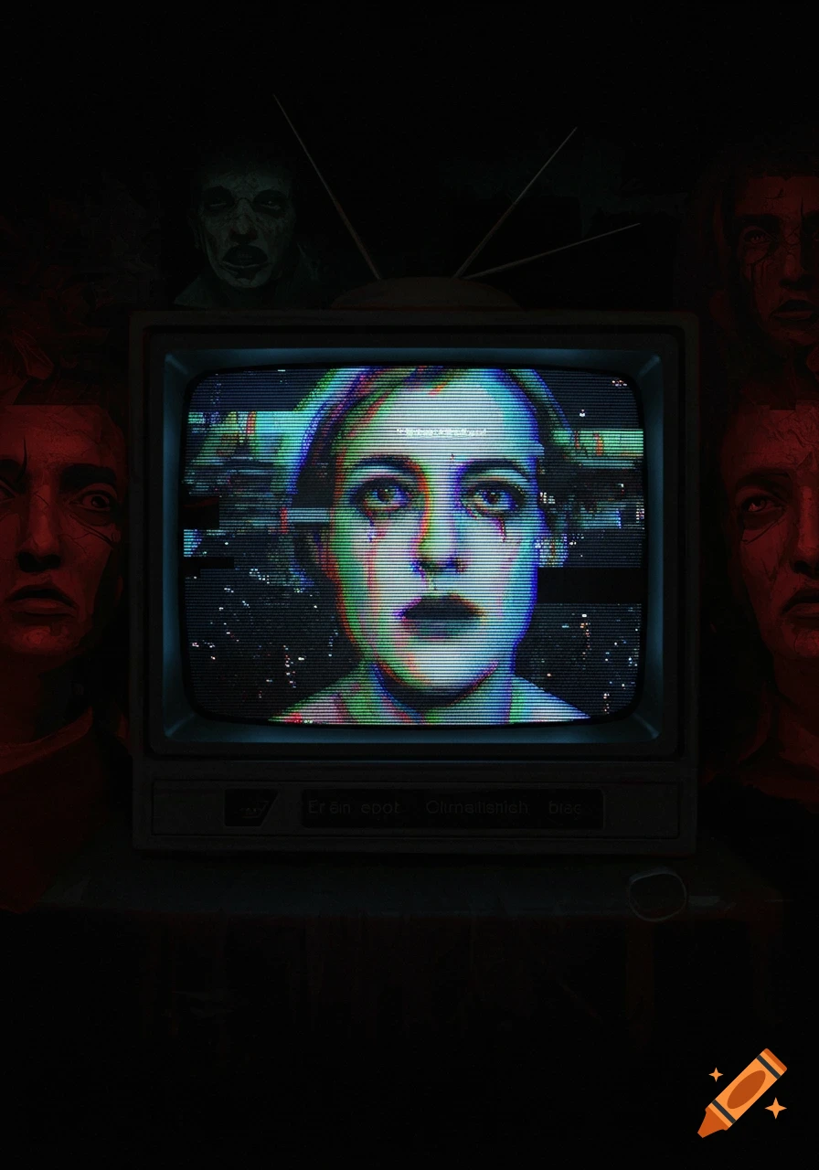 A glitching face on a retro TV screen, surrounded by shadowy distorted figures in a dark room, in an analog horror style.