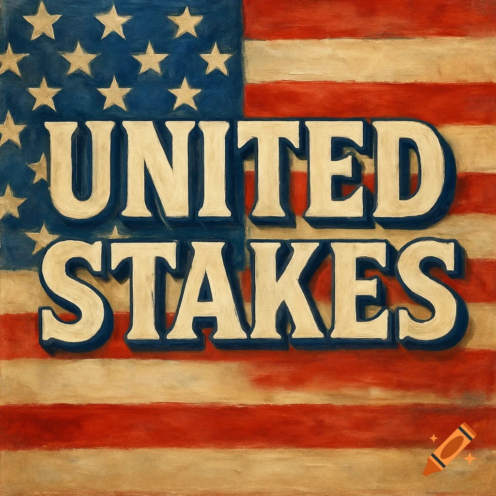A painting of the American flag with the words 'UNITED STAKES' in bold text across it.