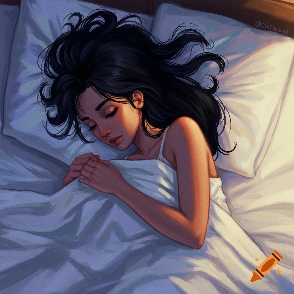 Stylized illustration of a woman sleeping in bed.