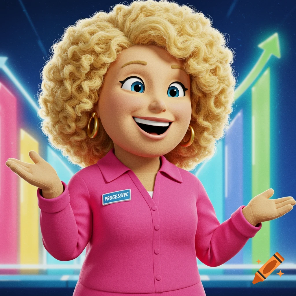3D animated character resembling Progressive mascot Flo gestures in front of an upward-trending chart.