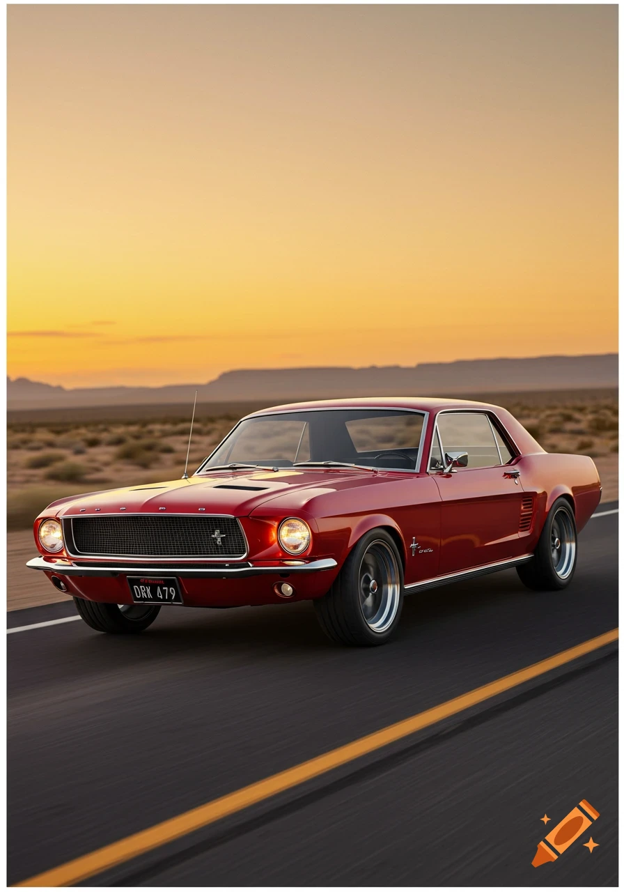 Red Ford Mustang driving on a road at sunset
