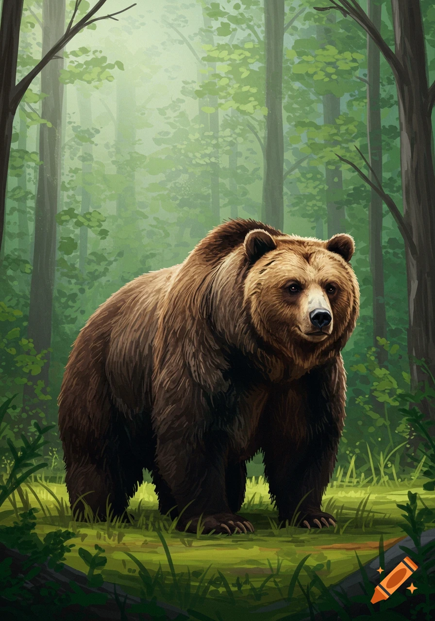 Digital illustration of a large brown bear standing in a sunlit forest clearing.