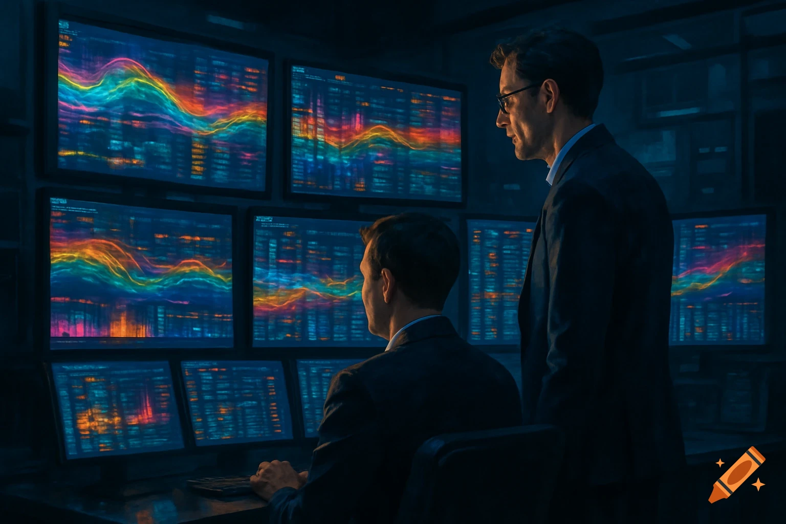 Two men look at multiple computer screens displaying colorful data in a dark room.