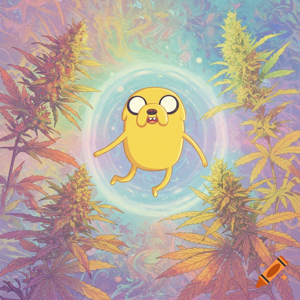 Jake the dog floats in a bright circle surrounded by cannabis plants in a psychedelic style.