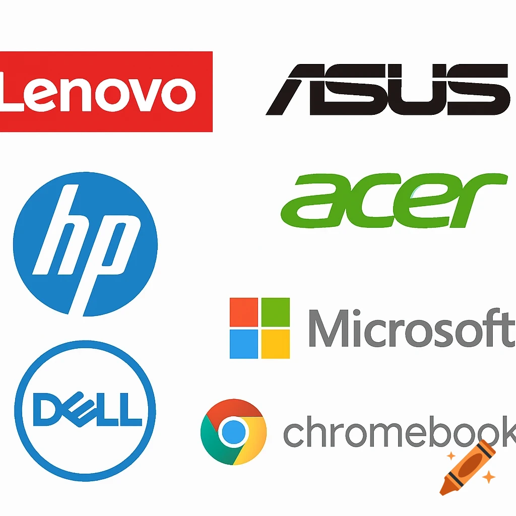 Logos for Lenovo, ASUS, HP, Dell, Acer, Microsoft, and Chromebook.