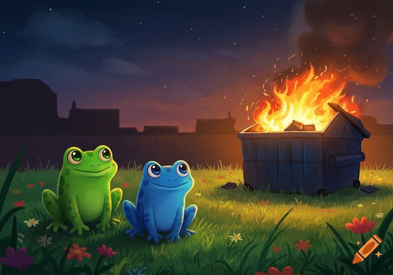 Two cute cartoon frogs, one green and one blue, watch a dumpster fire at night.