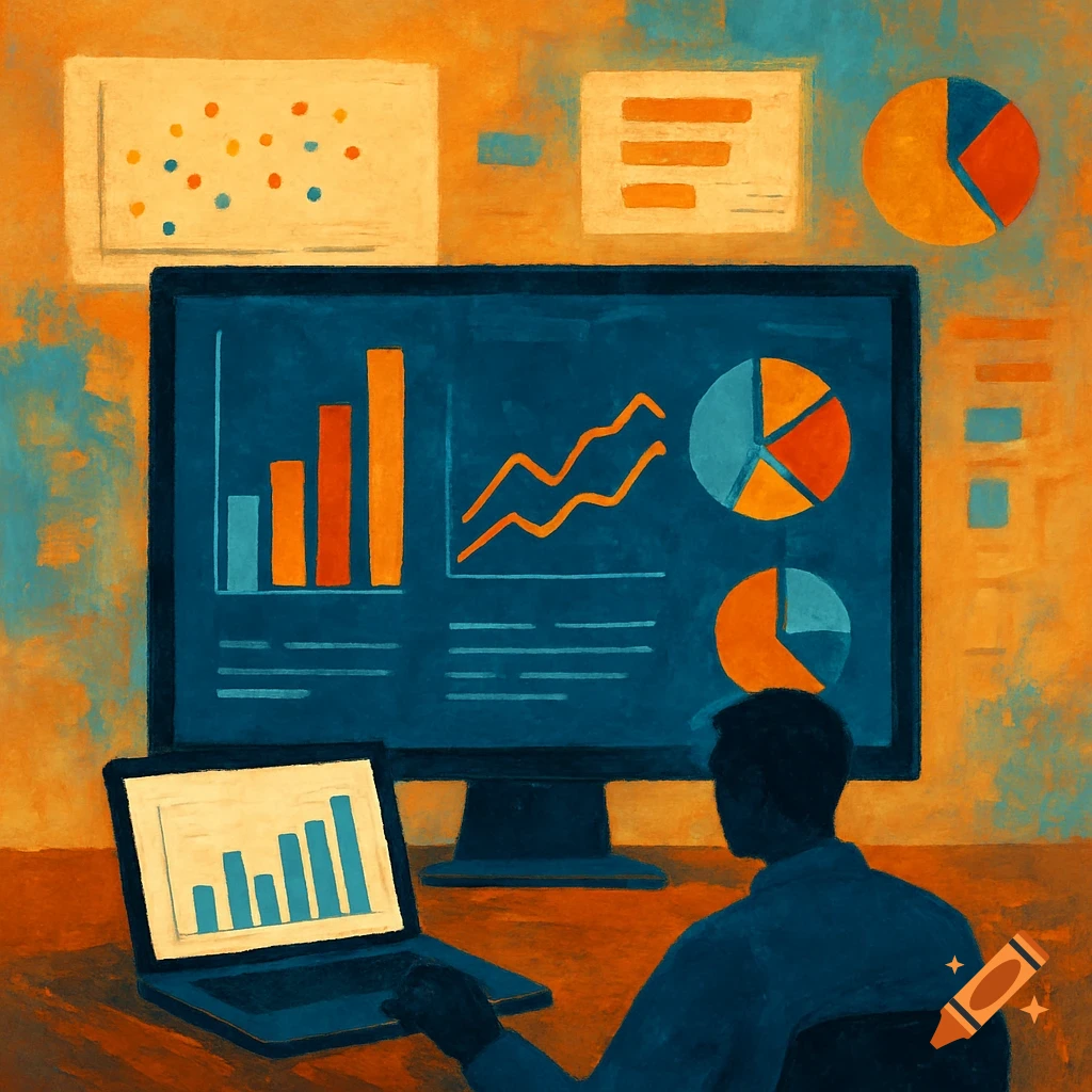 A person views data charts on computer screens in a painterly style.