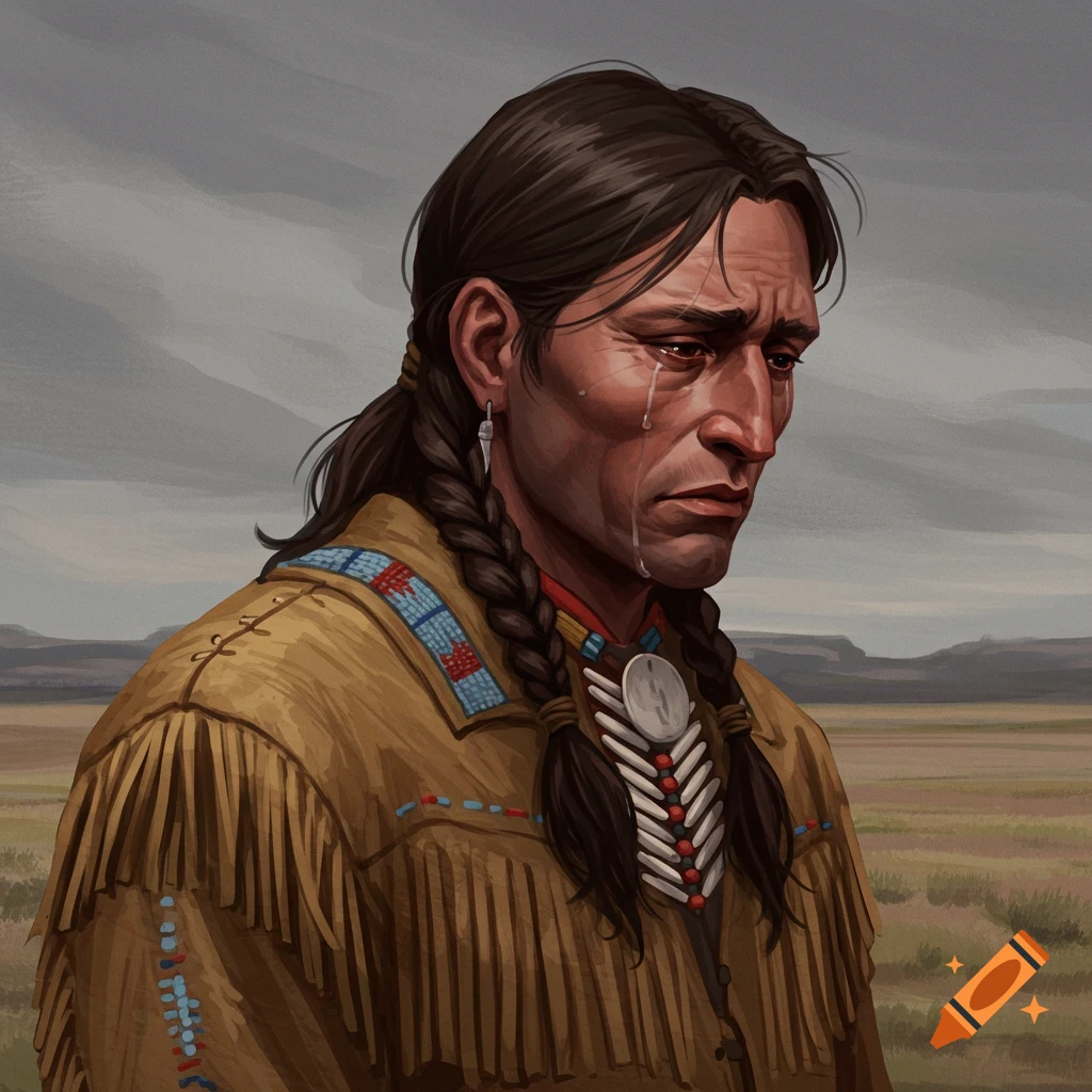 Digital art portrait of a sad Native American man crying in a landscape.