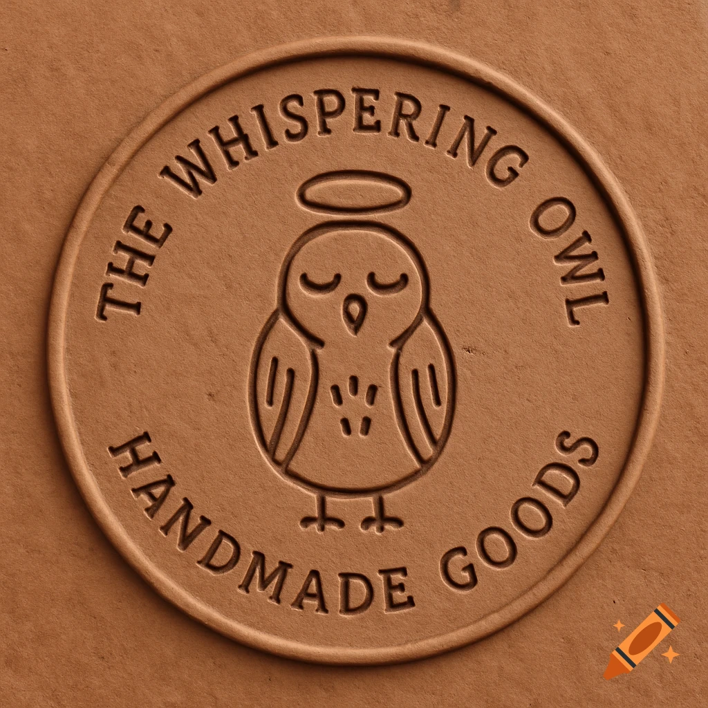 A round, embossed logo on a brown surface, depicting a simple owl with a halo in the center surrounded by text.