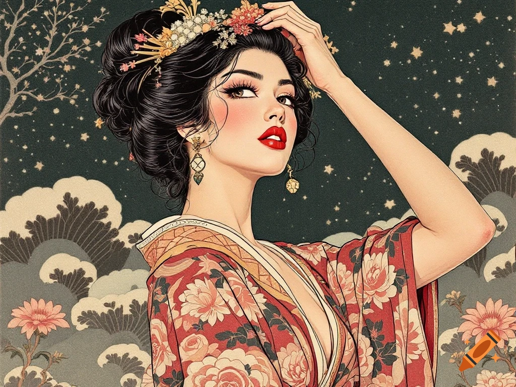 Ukiyo-e style portrait of a woman in a floral kimono against a starry sky with waves.