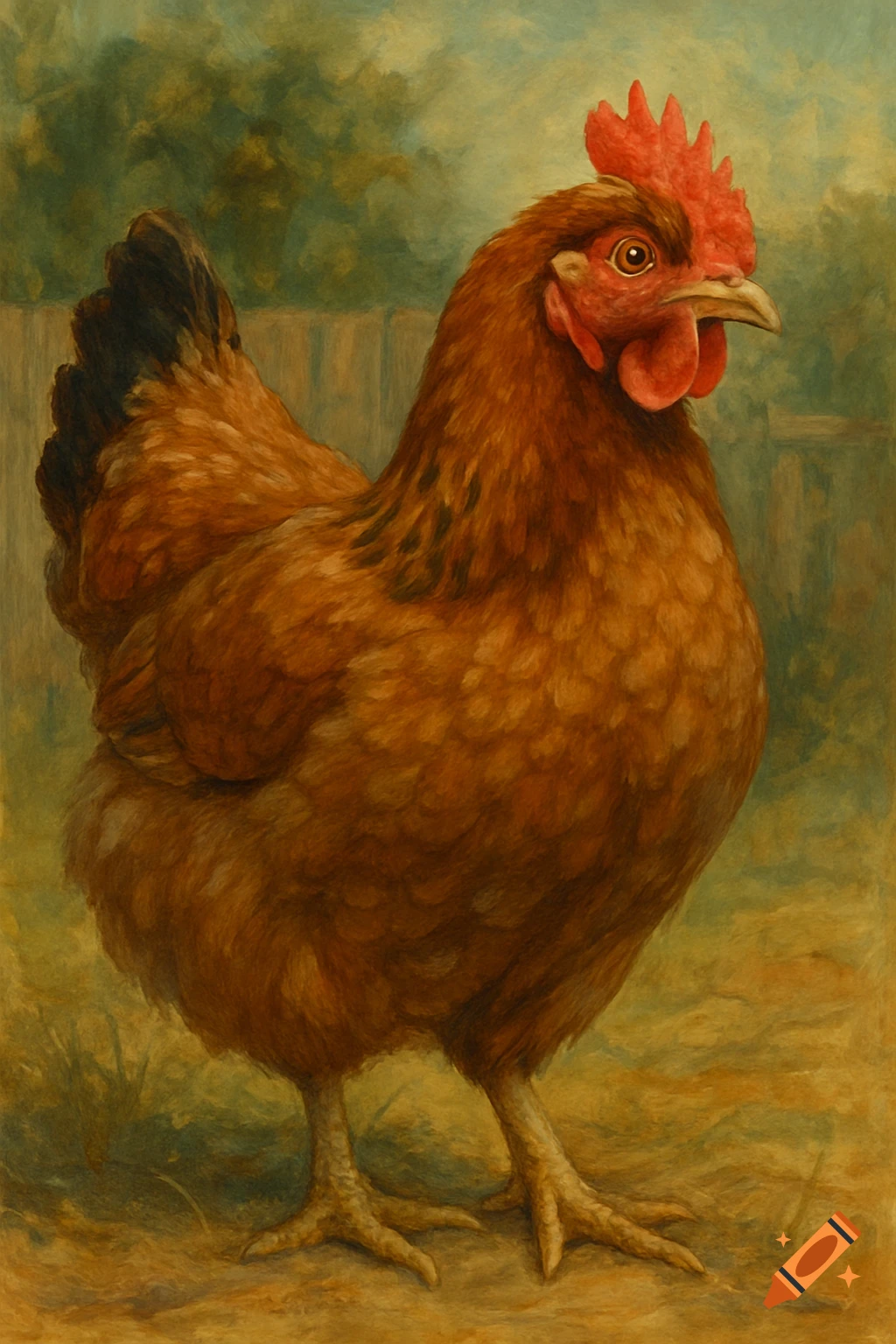 A detailed painting of a brown chicken.