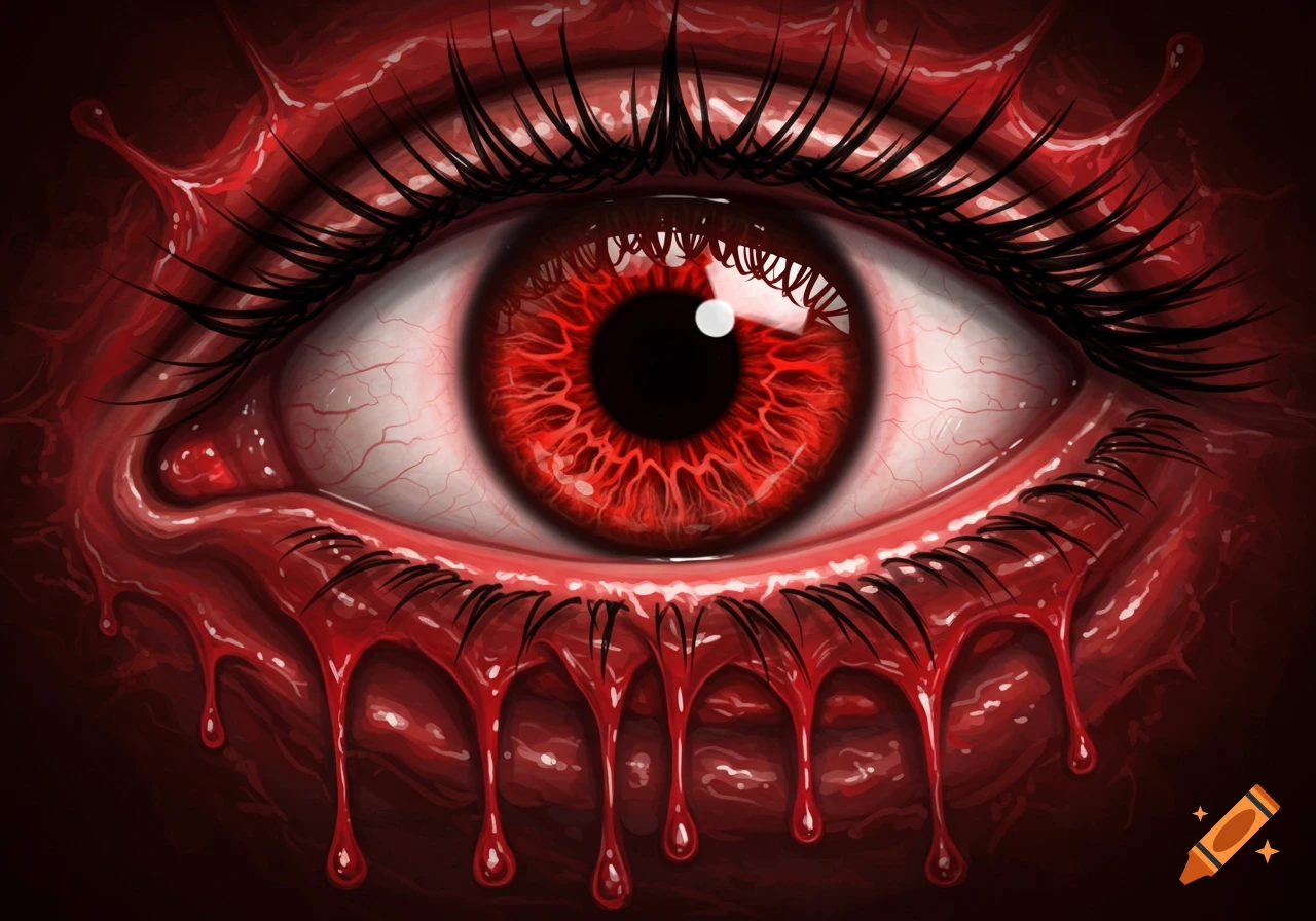 A close-up of a red eye with dark eyelashes and dripping red goop around the eyelids.
