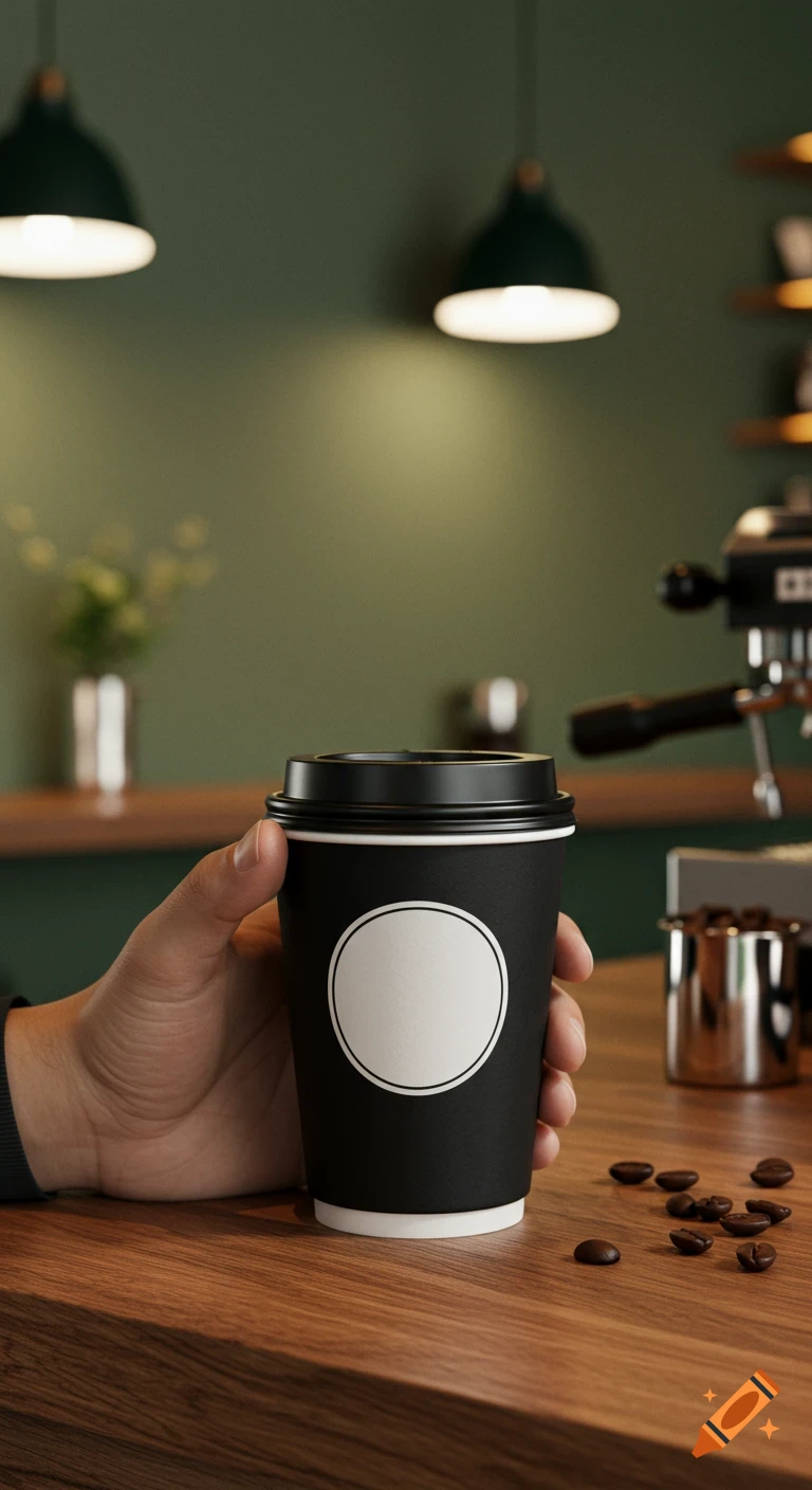 Hand holding a black coffee cup with a white label on a wooden table in a cafe, with coffee beans.