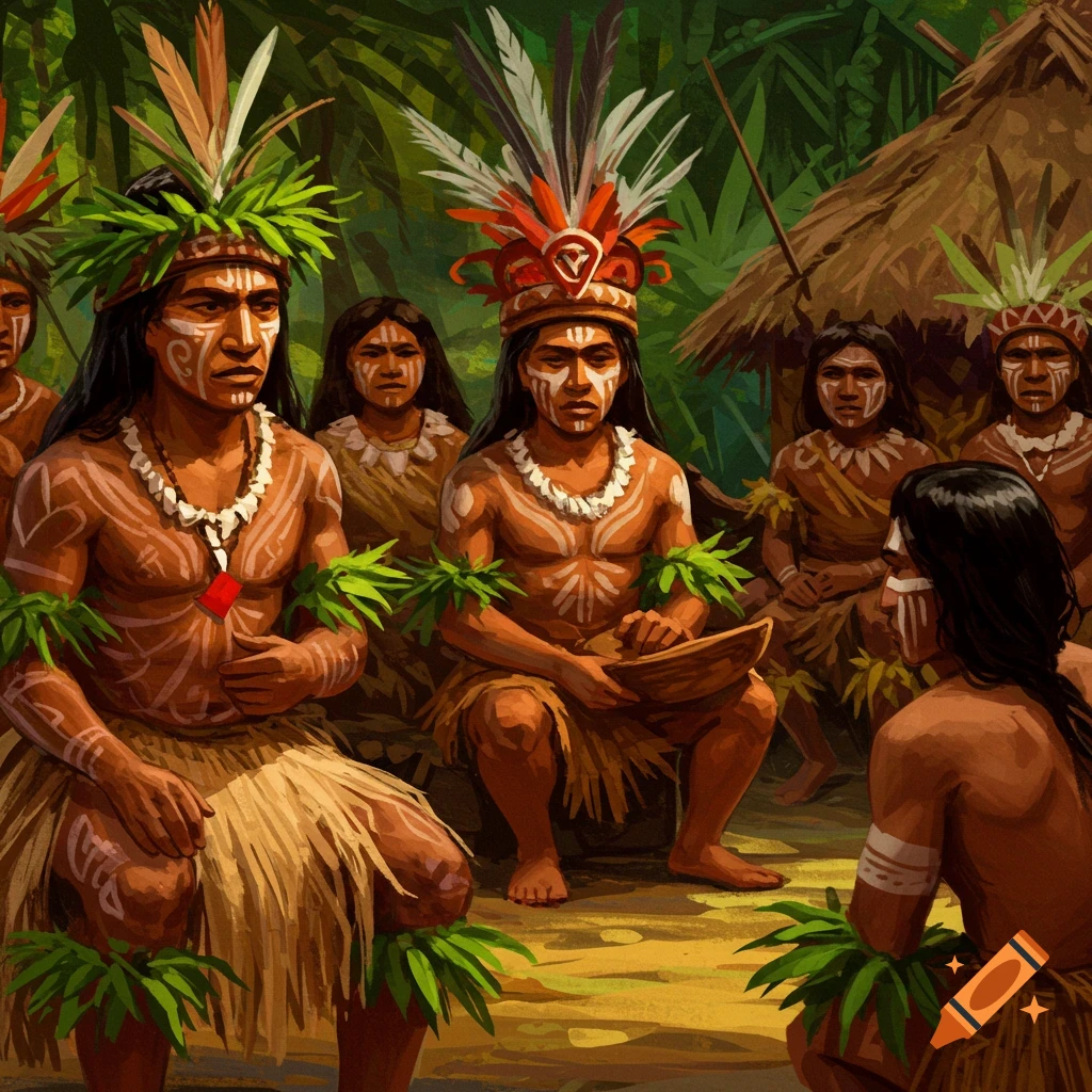 Painting of tribal people with face paint and headdresses in a jungle gathering.