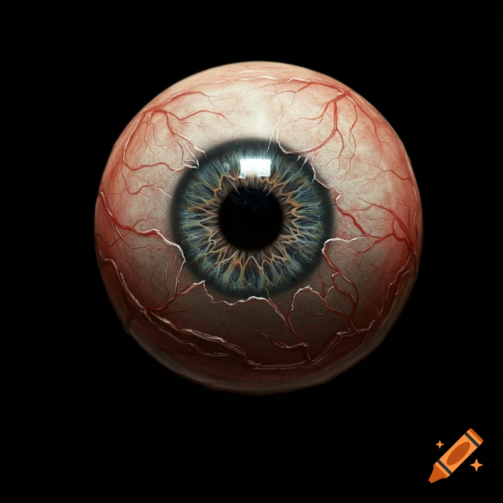 Detailed close-up of a veiny human eyeball with a blue iris on a black background.