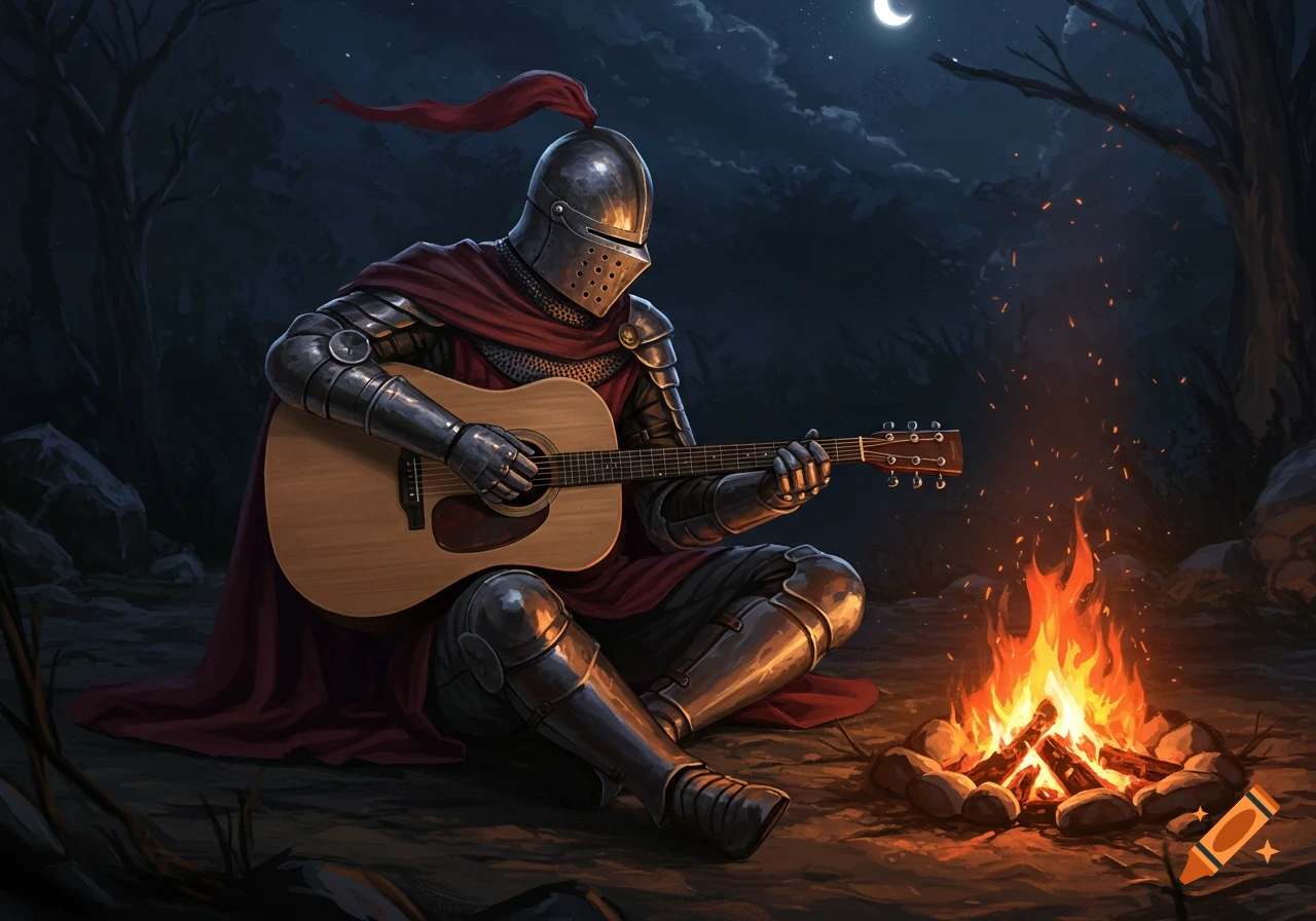 A knight in full armor playing an acoustic guitar by a campfire at night.