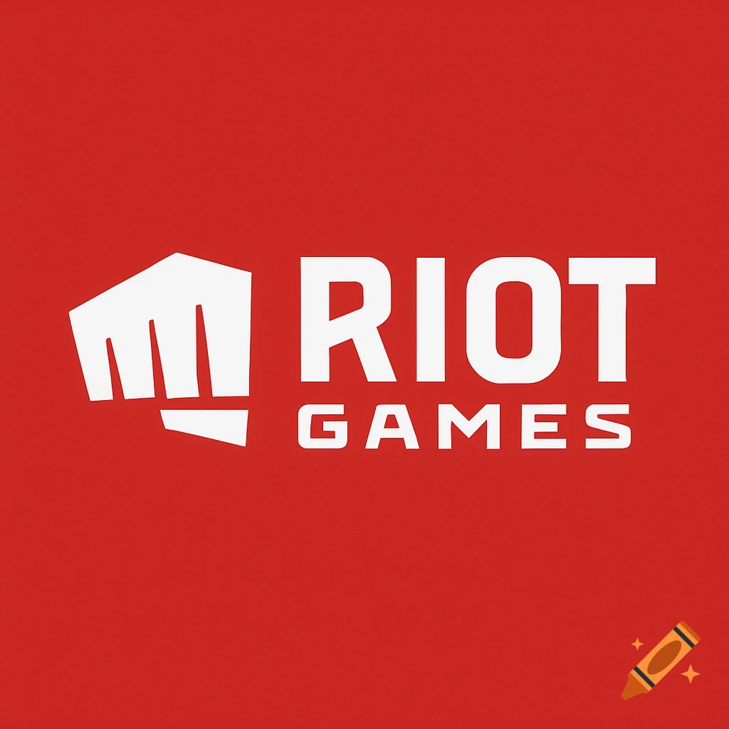 The white Riot Games logo featuring a fist symbol next to the text 'RIOT GAMES' on a red background.