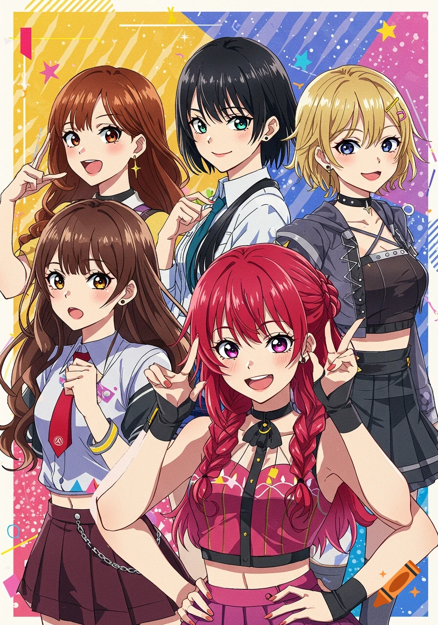 Anime illustration of a group of five smiling girls posing, styled as a j-pop group.