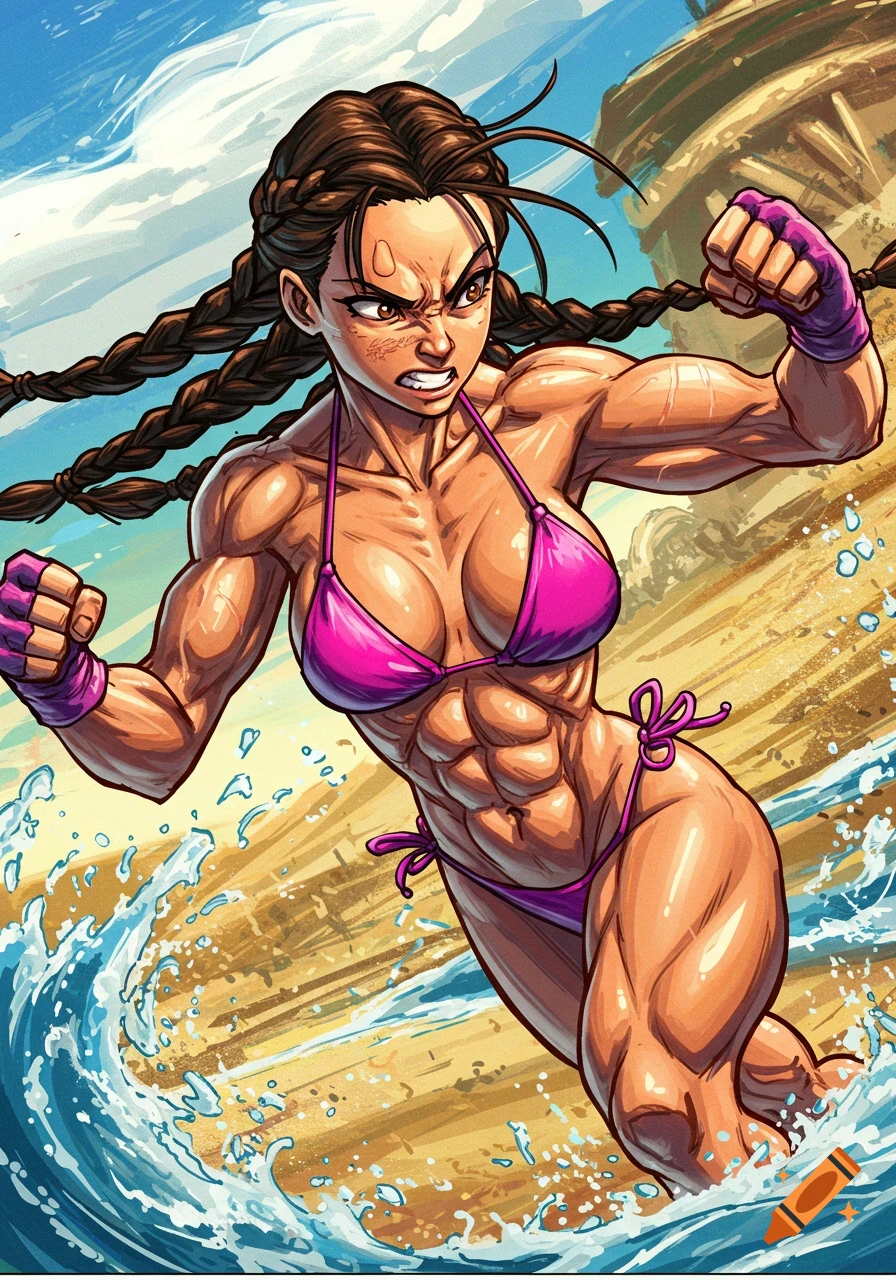 Muscular woman in pink bikini and gloves on beach, stylized illustration