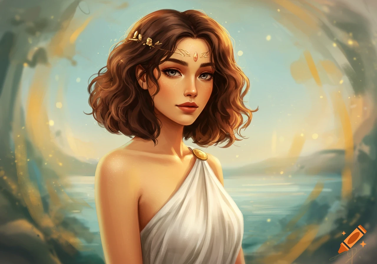 Illustration of a woman with short brown hair wearing a white dress and headpiece, against a landscape background.