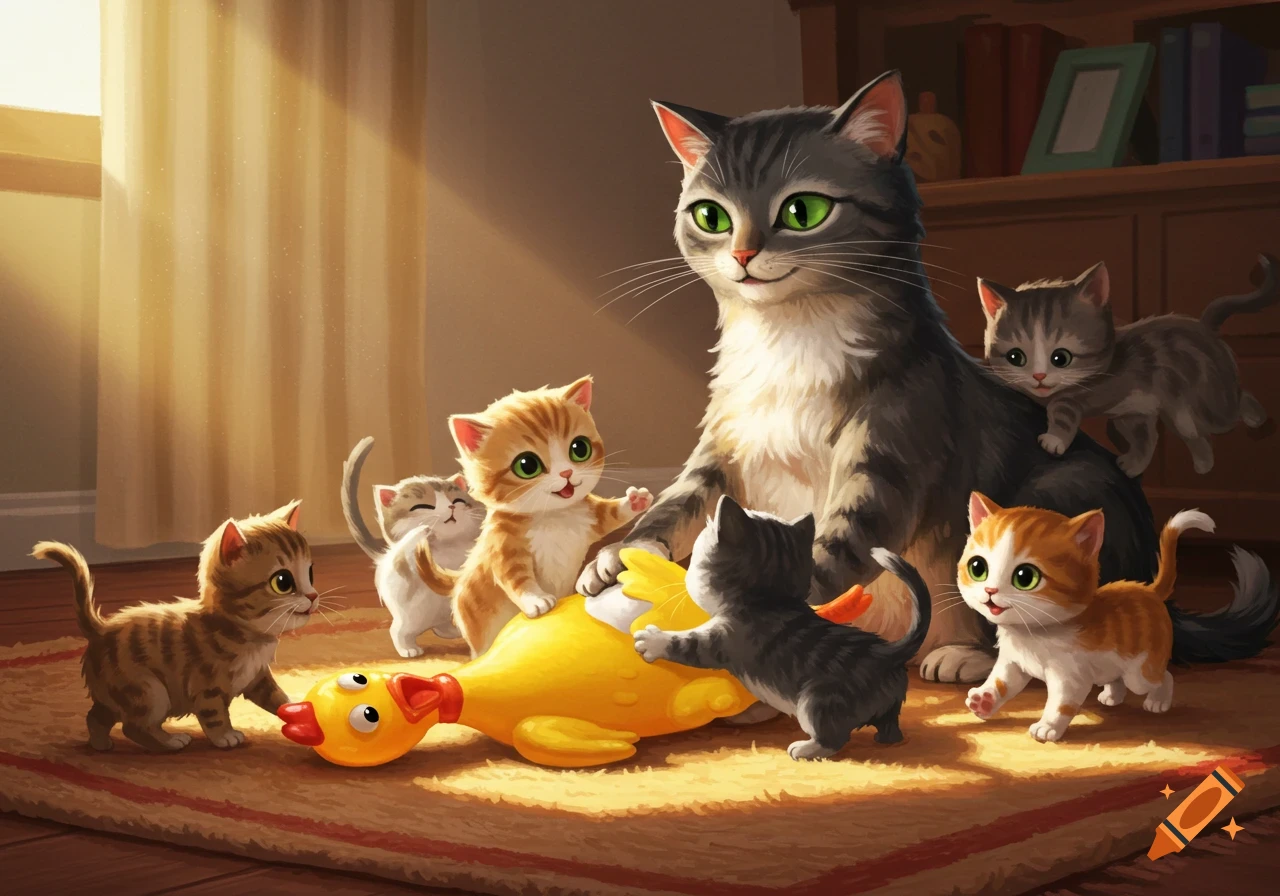 Illustrative image of a mama cat and kittens playing with a yellow rubber duck toy.
