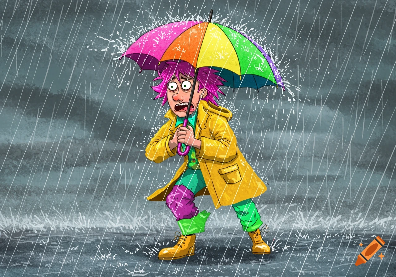 A cartoon person in a yellow raincoat struggles with a colorful umbrella in heavy rain.