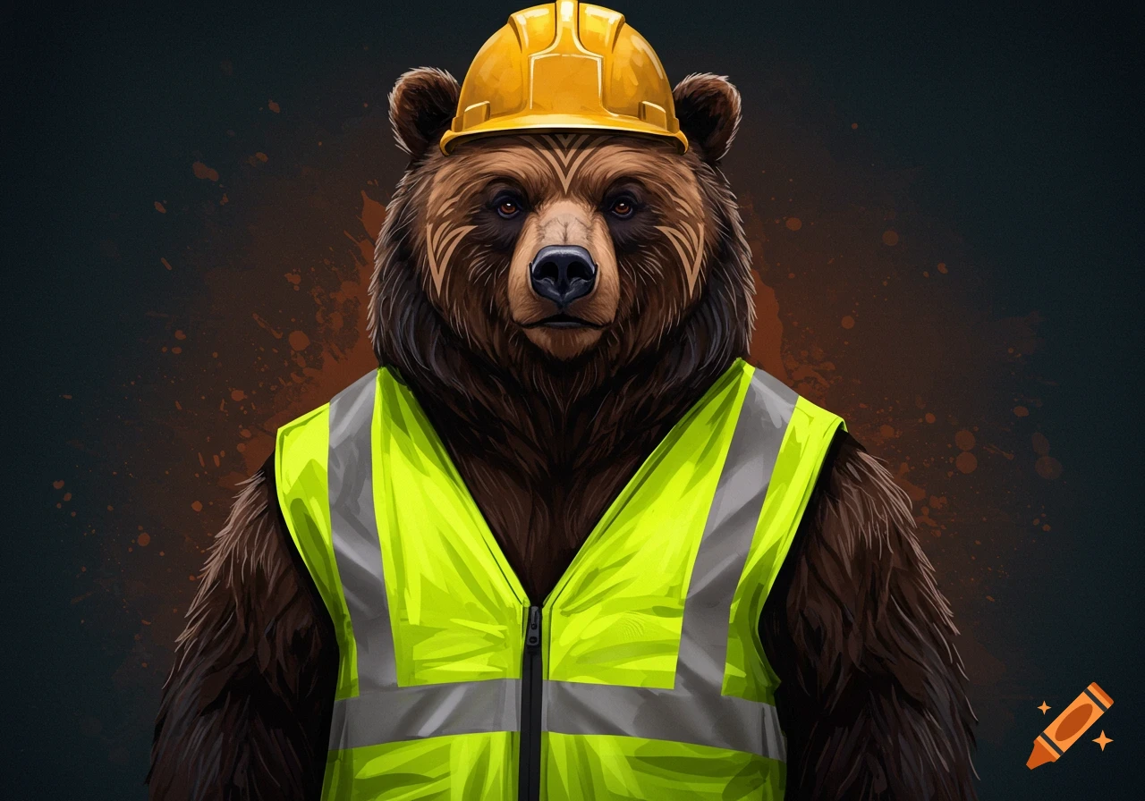 A brown bear wearing a yellow hard hat and a neon green safety vest.