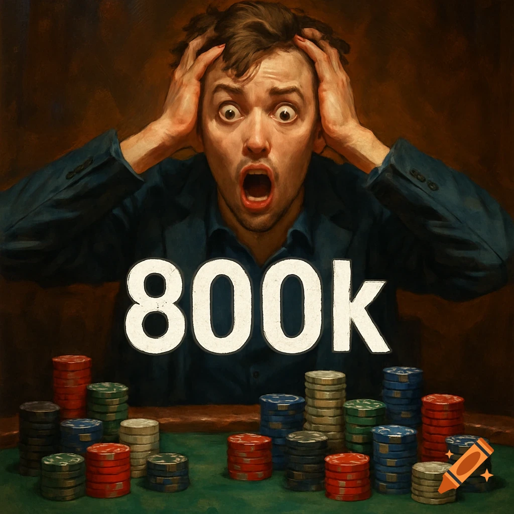 Painting of a shocked man at a poker table with piles of chips and the text 800k