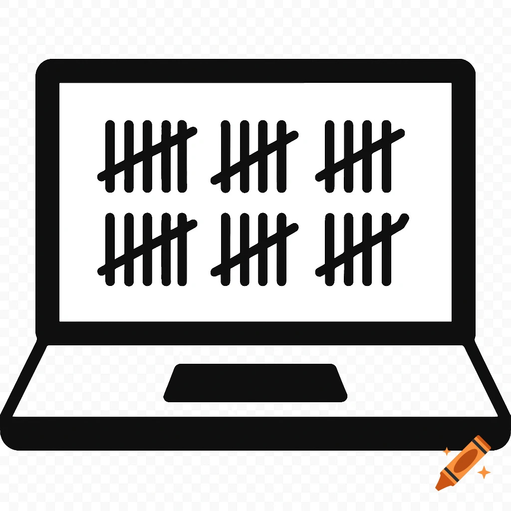Black and white clip art icon of a laptop with six sets of tally marks on the screen.