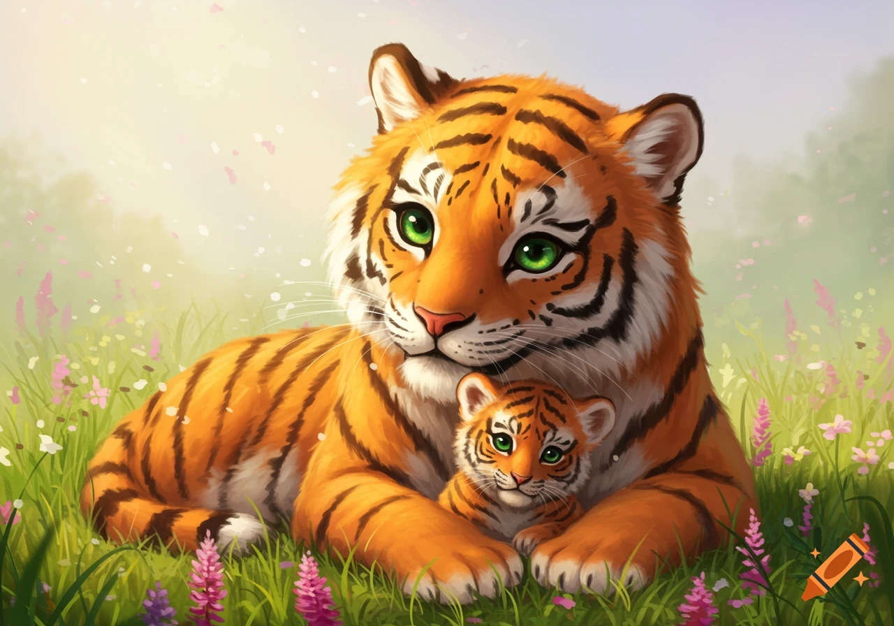 Cute tiger mom and cub lie in a field of grass and flowers.