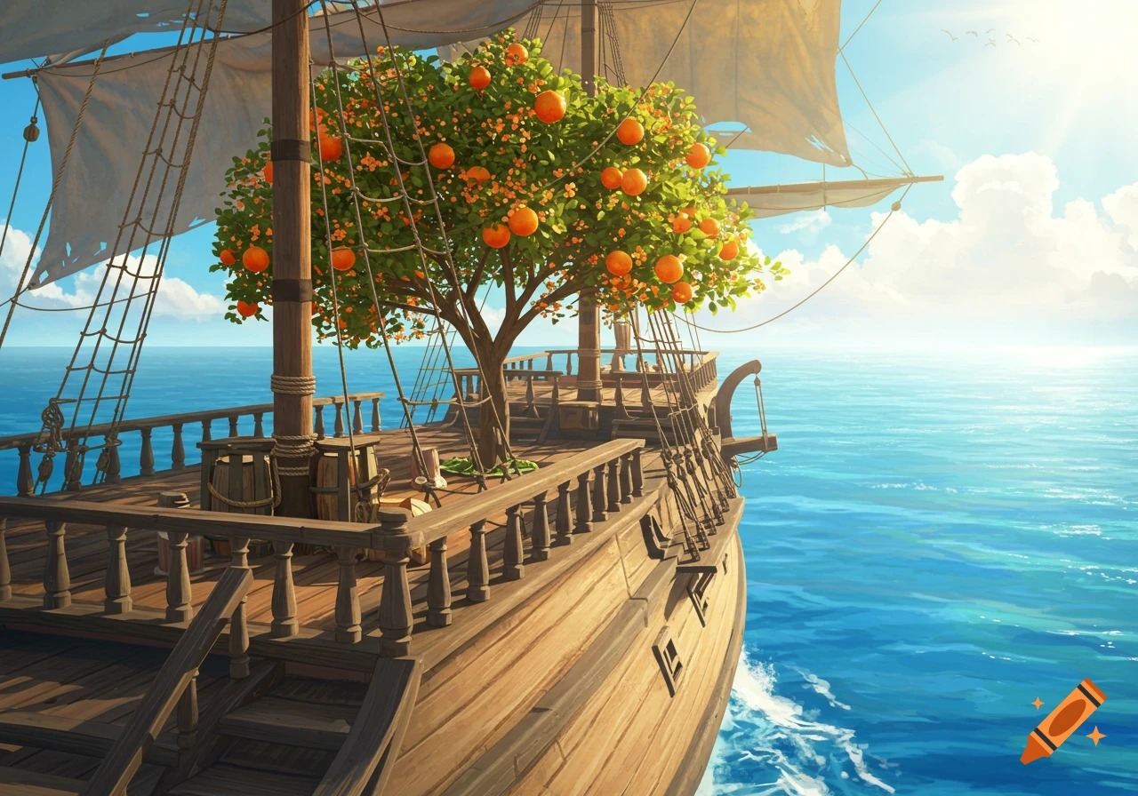An orange tree grows on the deck of an old sailing ship on the sea.