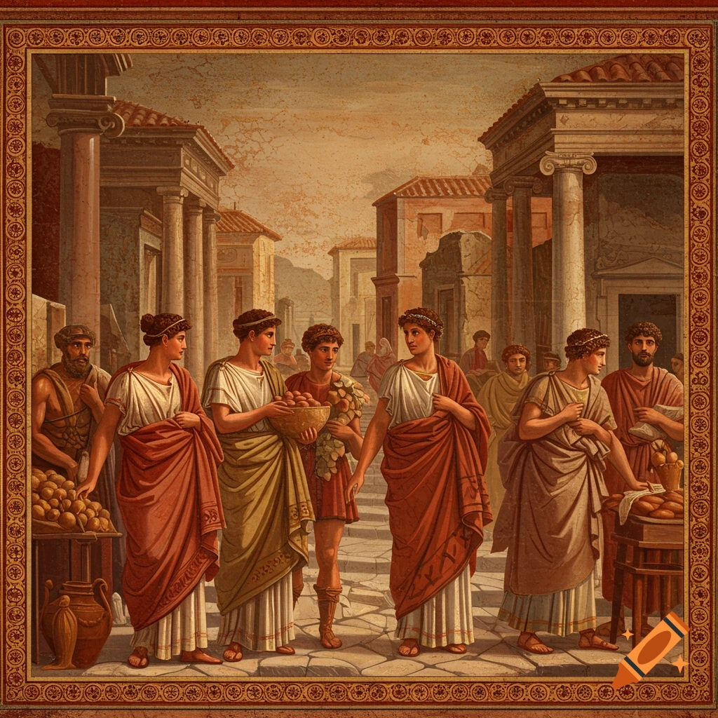 People in Roman attire in a street scene, painted in the style of an ancient fresco.