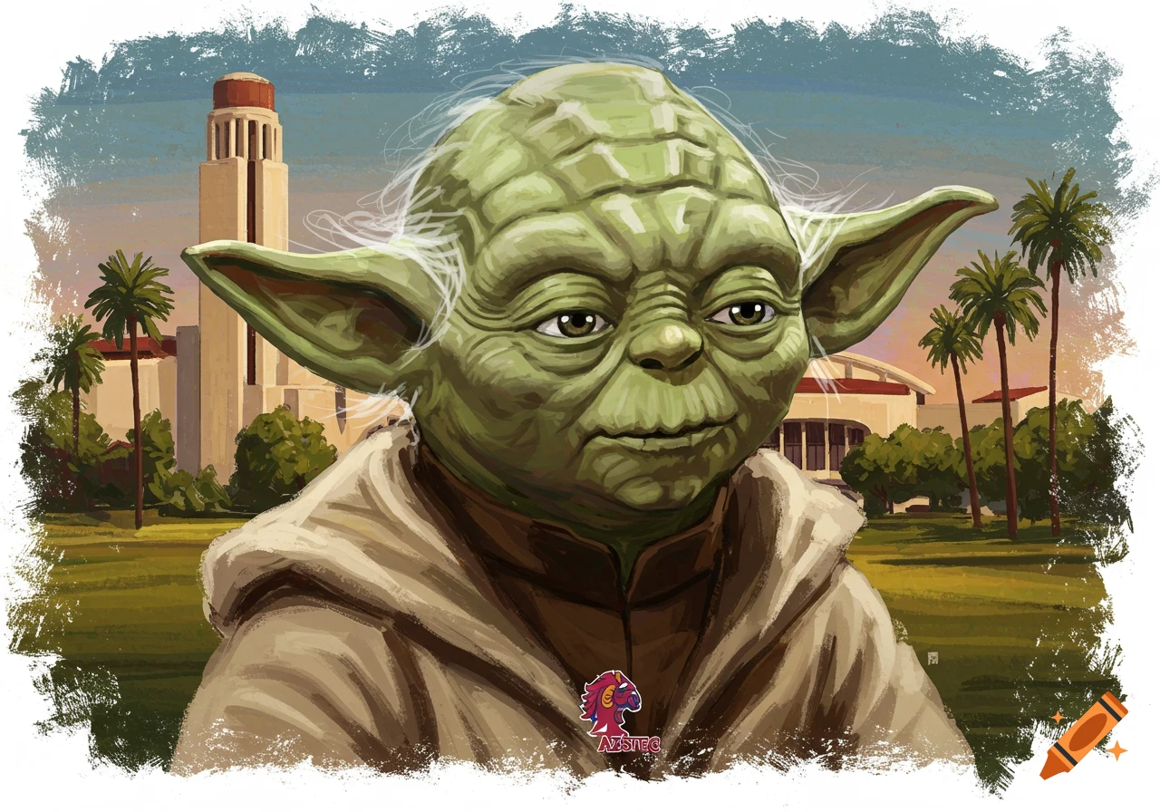 A painterly portrait of Yoda wearing an Aztec logo shirt, standing in front of a university building and palm trees.