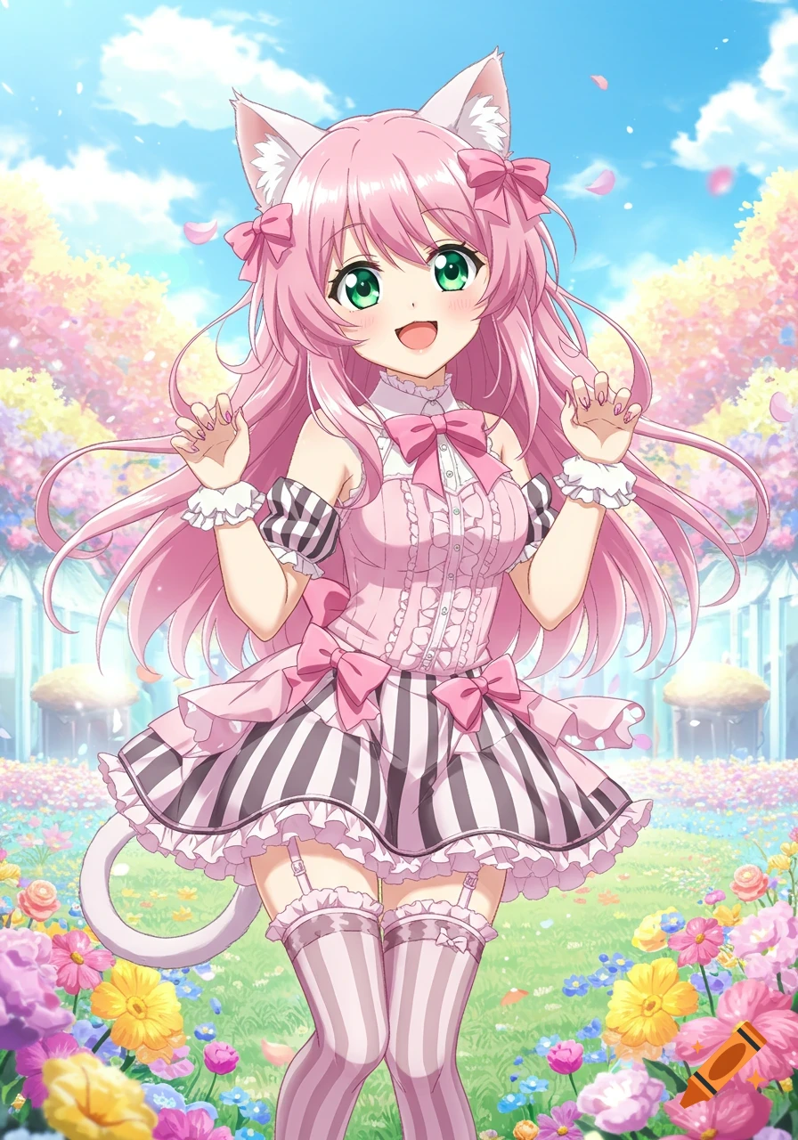 Anime catgirl in a pink dress in a flower field under a blue sky.