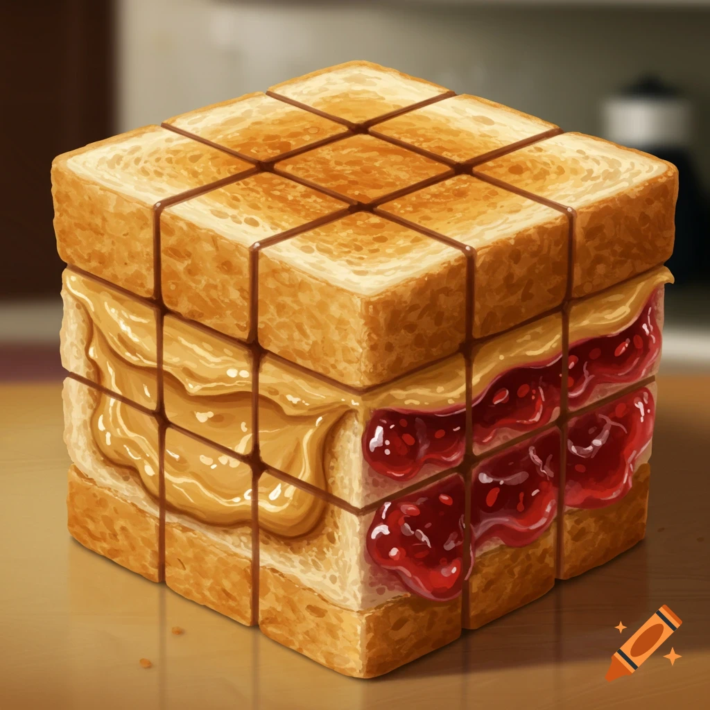 A Rubik's cube made from slices of toast with peanut butter on one side and jelly on the other, sitting on a table.