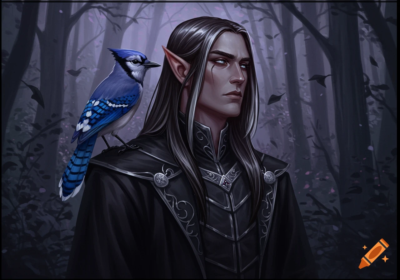 Dark elf male with a blue jay on his shoulder in a forest, digital painting.