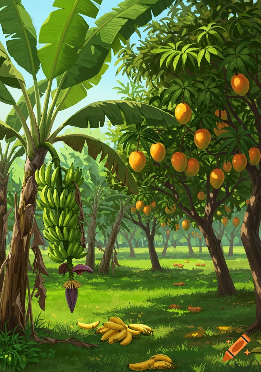 Illustrative scene of banana and mango trees with hanging fruit in a lush orchard.