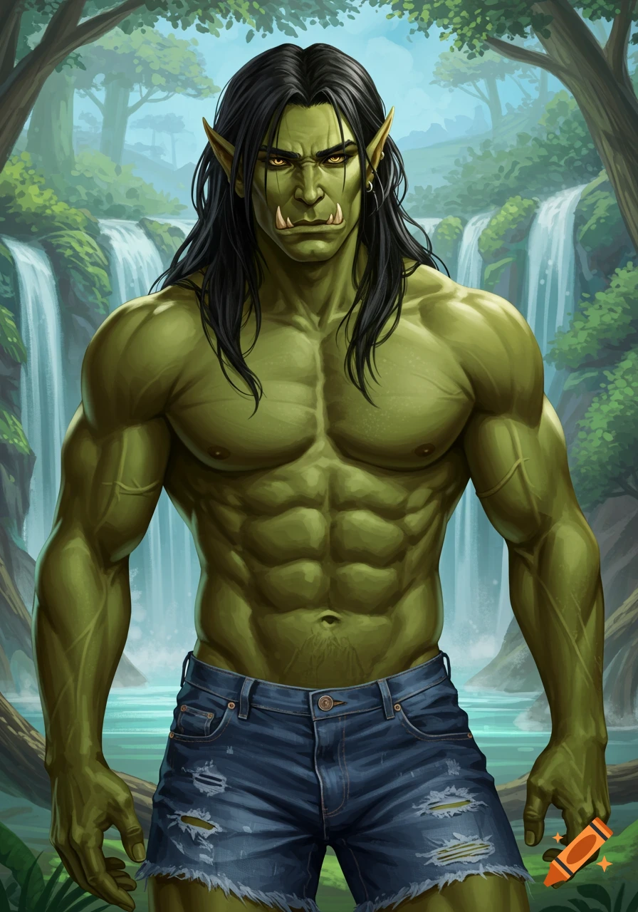 A muscular green orc with long black hair in denim shorts stands in front of waterfalls.