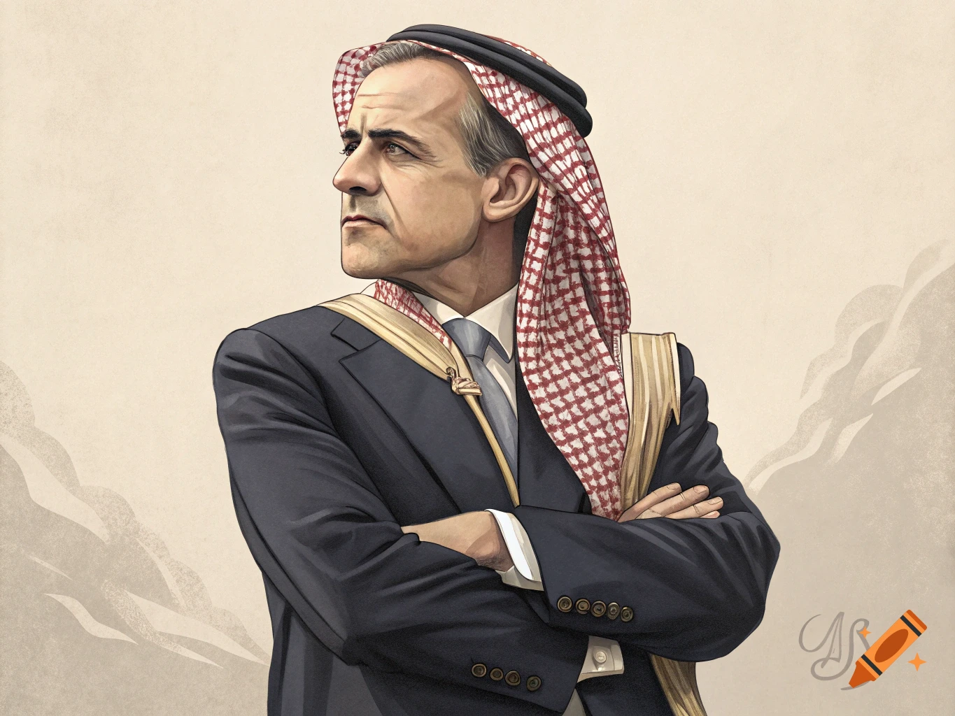 Stylized illustration of a man wearing a suit and a kaffiyeh, arms crossed.