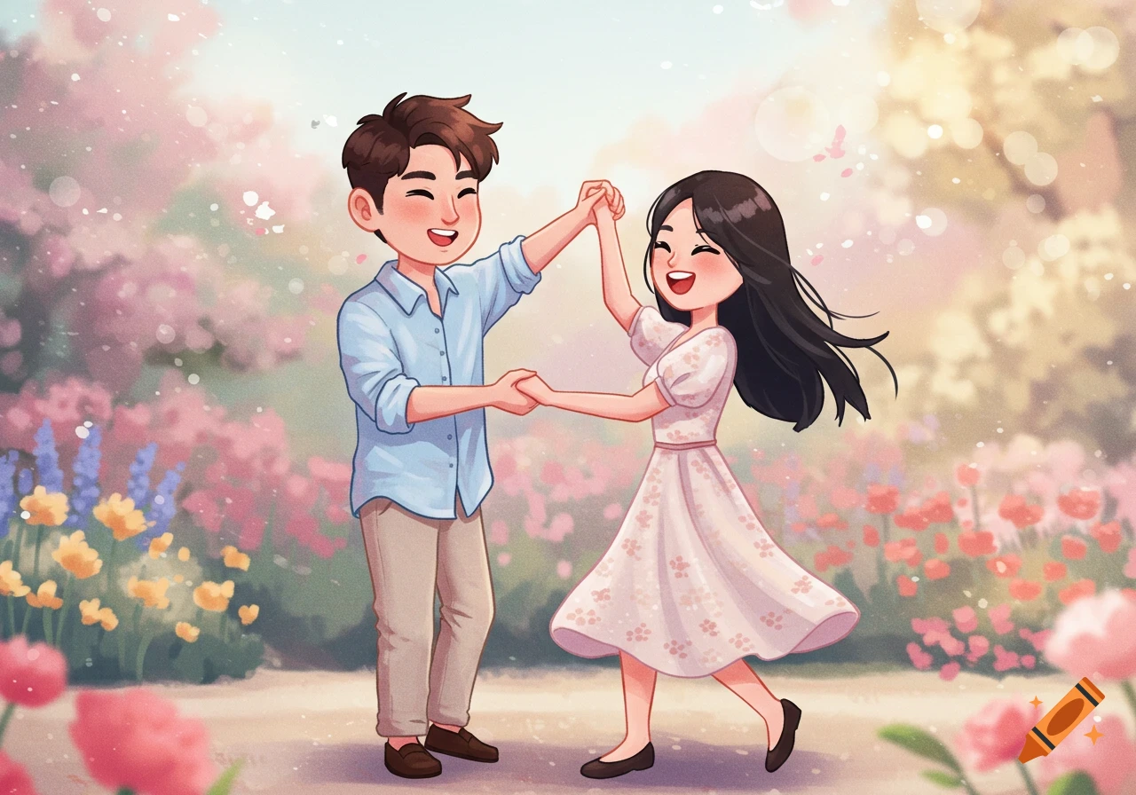 Cartoon illustration of a cute couple happily dancing together in a bright, flowery garden.