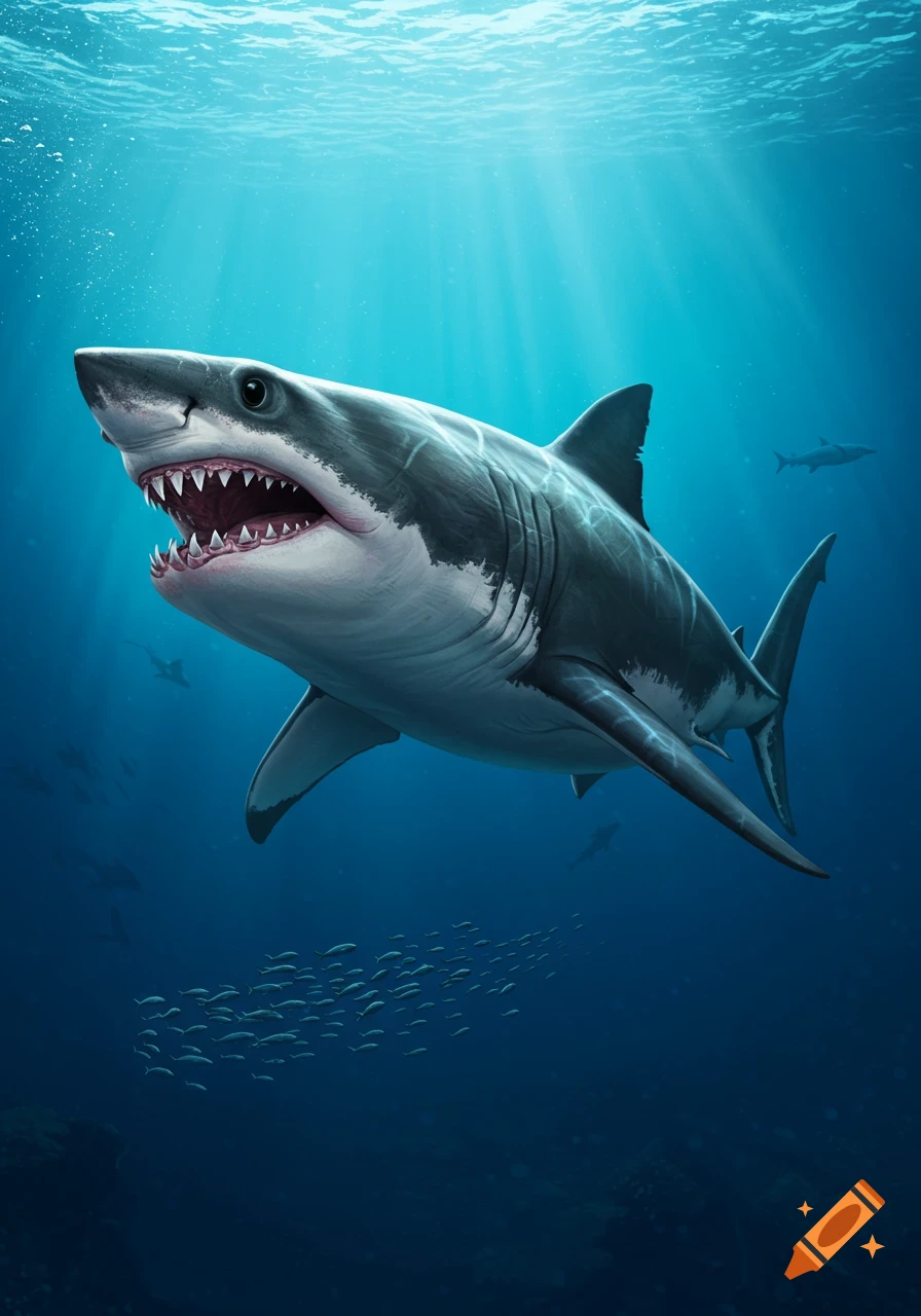 A great white shark swims in the ocean, with schools of fish below and light filtering from the surface.