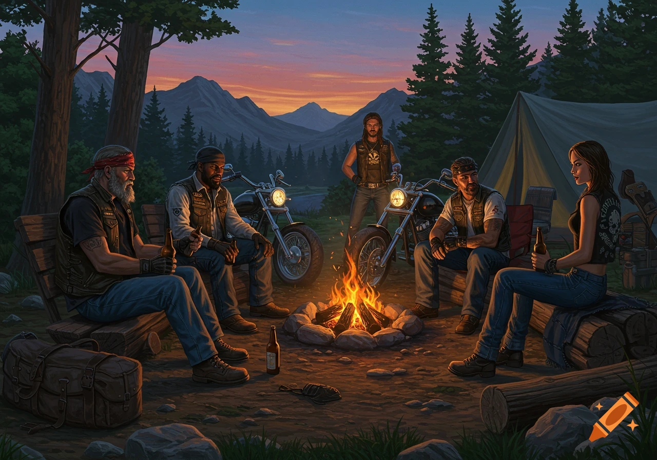Realistic illustration of bikers camping around a campfire with motorcycles, mountains, and forest.