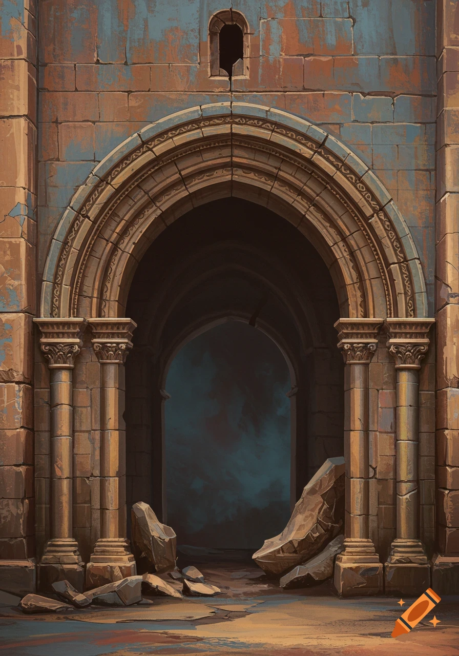 An old stone archway with crumbling pillars and broken rocks.
