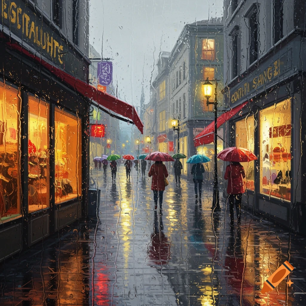 Painting of a rainy city street at night with people holding umbrellas