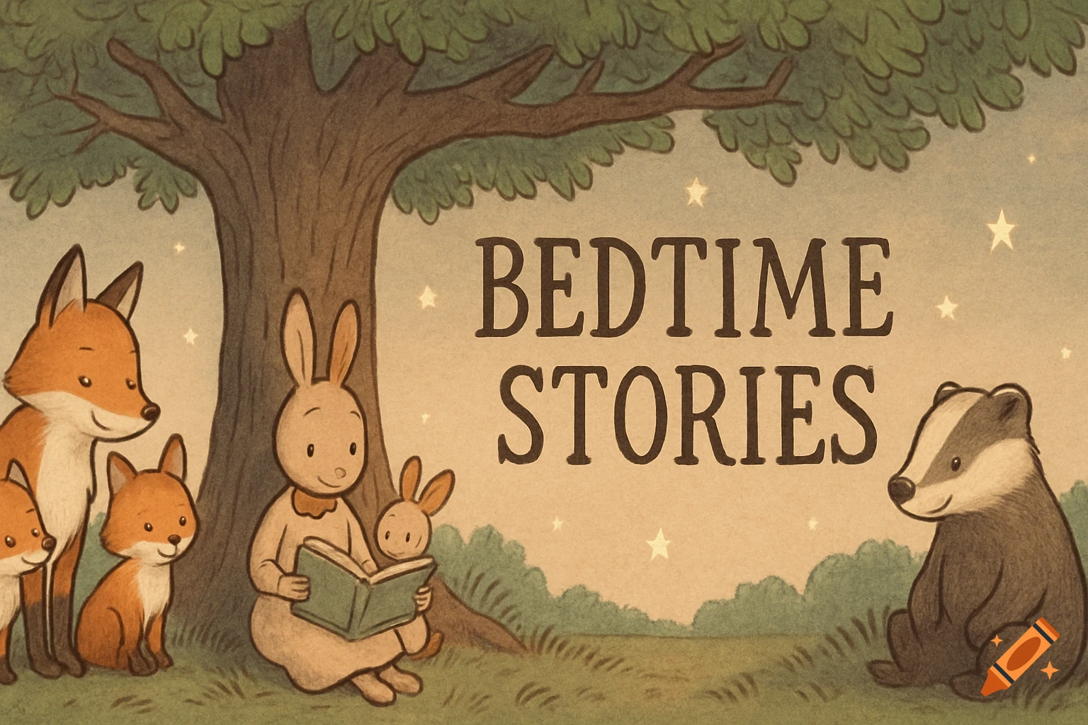 Cartoon illustration of animals reading under a tree at night with stars and 'BEDTIME STORIES' text.