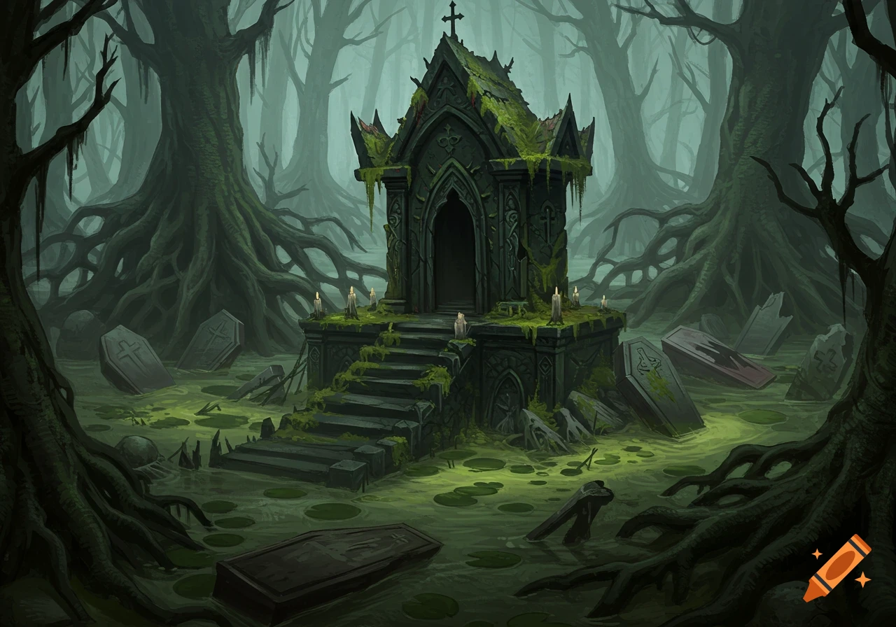 A mossy crypt in a dark swamp surrounded by tombstones and coffins, fantasy art.