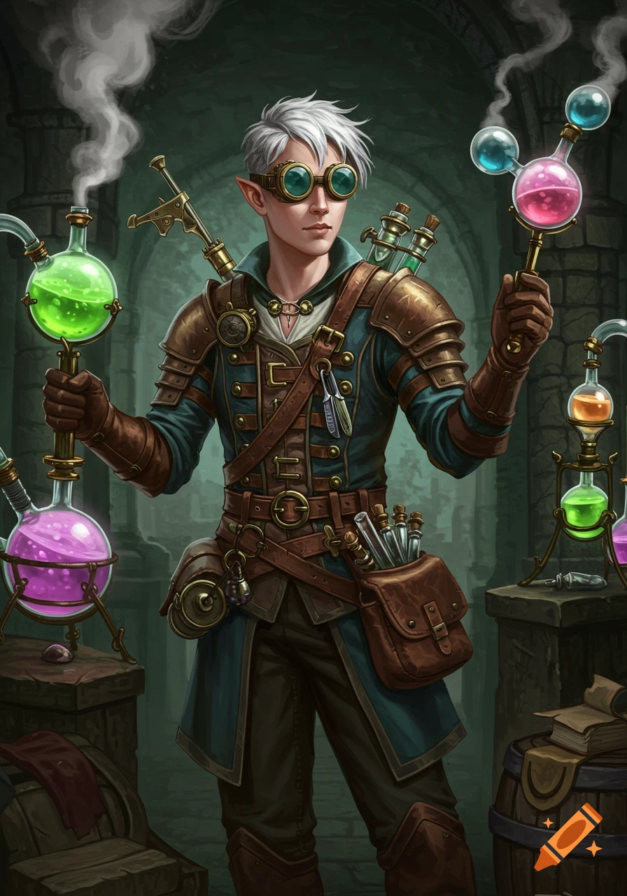 Young fantasy alchemist with steampunk goggles holding glowing beakers